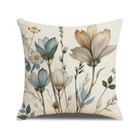 Floral Pillow Cover Chinese Style Watercolor Print Linen Pillow Home Decoration Sofa Cushion Cover 45 * 45Cm (single pillowcase) beige