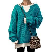 Brown Cable Knit V-Neck Loose Fit Long Sleeve Sweater 3XL ežero mėlyna spalva
