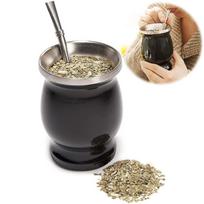 8 oz Natural Pumpkin Yerba Mate Tea Cup with 1 Bombilla (Black) black