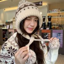 Women S Fair Isle Style Knit Hat Winter Warm Trapper Hat Ear Flap Cap One Size smėlis