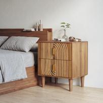 Bohemian four legged bedside table with 2 drawers, geometric inlaid line bedside table, walnut veneer side cabinet, bedroom storage desk 48 x 38 x 56 cm