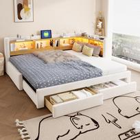 90x200 cm Sofa Bed, 3-in-1 Daybed with Drawers, L-Shaped with LED Lighting and Socket – Extendable to 180x200 cm Double Bed for Bedroom and Guest Room 214 x 112 x 78.5 cm smėlis