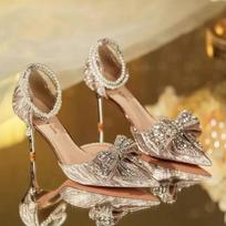 Krištolinis lankas Moteriški aukštakulniai Batai Sekli karoliukų grandinėlė Smailus pirštas Elegantiški bateliai 2025 m. Tendencija Mada Suknelė Šventė Žiema Zapatos Moteris 37 brown