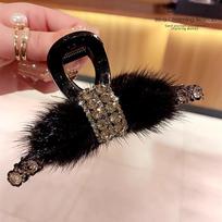 Mink Fur Rhinestone Shark Hair Clip - Luxe Autumn/Winter Accessory for Elegant Half-Up Styles black