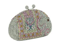 Boutique De FGG Multi Crystal Women Elephant Evening Purse Hardcase Minaudiere Handbag Bridal Clutch Wedding Party Diamond Bag Mini Clutch beige