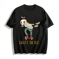 Skate Or Die Skeleton Print Trendy Casual Unisex Short Sleeve T-Shirt Pure cotton T-shirt 6XL black