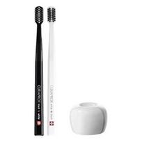 CURAPROX Black is White Toothbrush Set (2 brushes: white and black) + White Toothbrush Stand black