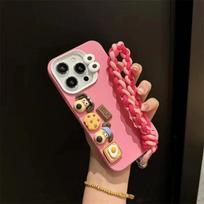 For iPhone 16 15 14 13 12 11 Pro Max Plus Phone Case 3D Cute Sausage Dog Cartoon Toy With Hand Strap Soft Cover iPhone 15 Plus ryškiai rožinė