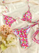 Triangle Bikini Thongs Swimsuit Women Print Swimwear Bandage Bathing Suits Floral  Biquini Brailian Swimsuit Beach Wear S beige