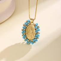 Nidin New Retro Virgin Mary Medal Necklace Copper Catholic Pendant With 4 Colors Beaded Frame Religious Style Jewelry For Women rožinė raudona spalva