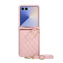 Leather Wallet Case for Samsung Galaxy Z Flip 8 7 Fe 7Fe 6 5 4 3 Flip8 Flip7 Flip6 Card Slot Ring Holder Crossbody Phone Cover Galaxy Z Flip7 FE rožinė