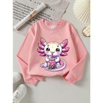 European sizes Cute Axolotl Drinking Bubble Tea Girls' Crew Neck Sweatshirt, Western Top, Children's Long Sleeved Casual Tee 170 rožinė