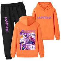 PB1199-2 Kids Boys Girls Kpop Mira Zoey Rumi Double-sided Print Long Sleeves Hoodie Pants Trousers Clothes Sets 170cm oranžinė