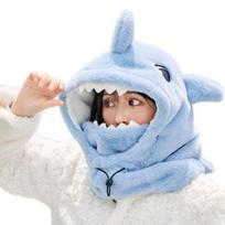 Women Winter Hat Full Protection Cartoon Shark Shape Thickened Plush Drawstring Adjustment Windproof Warm Outdoor Skiing Cap white