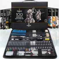 Castle Art Supplies Piešimo, eskizavimo ir anglies rinkinys, 100 vnt., su užtrauktuku užsegamu dėklu black