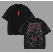 Berserk Guts (Juodasis karduotojas) & Brand of Sacrifice Vintage skalbinti dvipusis anime marškinėliai, unisex tamsiosios fantazijos manga gerbėjų gatvės aprangos tee M dramblio kaulas
