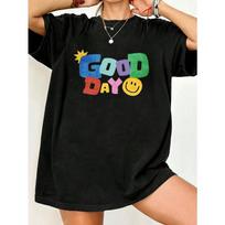 Per dydžio T-shirt Juoda Gera diena Spalvingas spaudinys ir besišypsanti veidelio grafika Laisvalaikio drabužis moterims Vasaros apranga Gatvės stiliaus madingas viršus XXXXL black