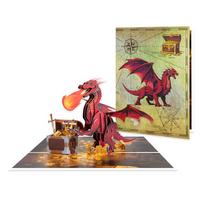 Handmade 3D Pop-up Greeting Card - Treasure Chest Fire Dragon Design, for Birthdays & Festivals. 15x20CM beige