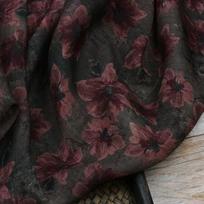 1yard Sand washed pure ramie fabric Grey background flower print tissu Designer's artistic dress,pants,shirt fabric for clothing 1Yard black