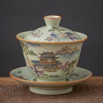 Vintage Ceramic Gaiwan Handheld Teapot Anti-scald Antique Glaze Blue and White Tea Set Open Slice Single Three-Talent Tea Bowl 165ML beige