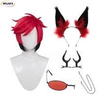 Aukštos kokybės Alastor Cosplay perukas Raudonas Juodas Karščiui atsparus Sintetinis Plaukas Anime Cosplay Perukai + Peruko Kepuraitė (as the picture,One Size) red