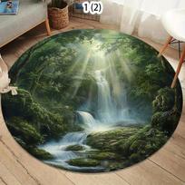 Tropical Jungle Waterfall Round Area Rug Lush Nature Scene Non-Slip Floor Mat for Living Rooms Healing Home Decor Spaces 60cm-dia. gray