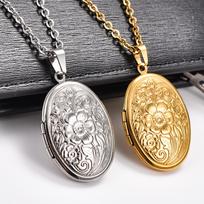 Carved Floral Stainless Steel Egg Photo Locket Pendant Necklace for Women Men Openable Picture Frame Charms Chain Metal Jewelry Silver black