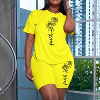2026 Summer Hot Sale Women's Shorts Outfits O-neck T-shirts and Elastic Shorts Ladies Home Outdoor Comfortable Soft Tracksuits S yellow