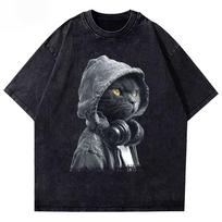 2026 Hot Sale Washed T-Shirt Hooded Black Cat with Headphones Graphic Unisex Streetwear Men Women Casual Cotton Short Sleeve Cat Lover Daily Tee Top XXXL