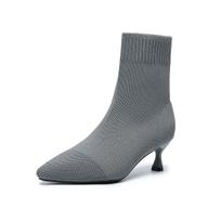 Moteriški aštrių pirštų kojinės tipo ankle boots, žemu kulnu, įsispiriami, kvėpuojantys, tamprios bootie batai moterims, komfortiški, su kitten kulnu, įtraukiami, megztos, oficialios boot batai 41 pilka spalva