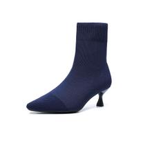 Moteriški aštrių pirštų kojinės tipo ankle boots, žemu kulnu, įsispiriami, kvėpuojantys, tamprios bootie batai moterims, komfortiški, su kitten kulnu, įtraukiami, megztos, oficialios boot batai 42 mėlyna