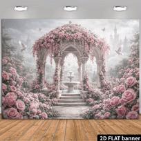 2D Enchanted Garden Gazebo Backdrop Banner, Pink Rose & Castle Photography Background 59x51.1inch/150*130cm white