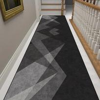 Modernus geometrinis koridoriaus kilimas pilkas su auksinėmis linijomis abstraktus ilgas kilimas svetainei virtuvei įėjimui neslystantis 40cm x 120cm black