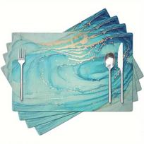 Ocean Blue Gold Vein Marbling Printed Cotton Placemat Heat Resistant Modern Home Kitchen Mat 4PCS blue