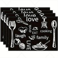 1PC Linen Table Pad with Black and White Knife and Fork Pattern Non-Slip Easy To Clean Decorative Placemat 4PCS gray