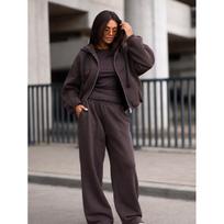 Womens Cotton Hooded Zip-Up Sweatshirt Wide-Leg Pants 2-Piece Set Casual Streetwear Outfit Fall Winter Large black