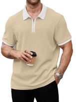 Vyriški vaflinio rašto polo marškinėliai, trumparankoviai, su užtrauktuku ir baltu apvadu (Nespalvotas) 2XL beige