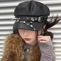Personality Beret Original Subculture Hat Harajuku Y2K Girl Women'S Gothic Lolita Goth Harajuku Bone Skull Spike Punk Cap Decor black