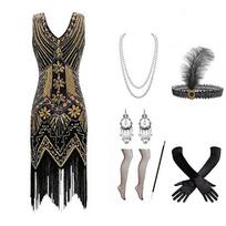 Moterų 1920-ųjų Flapper suknelė, vintažinė nėriniais ir kutais, Gatsby kokteilinė suknelė su 20-ųjų aksesuarų rinkiniu Helovino vakarėliui L black