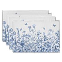 Blue Floral NonSlip Heat Resistant Linen Table Mats for Kitchen Dining Party Spring Summer Decor 4PCS white