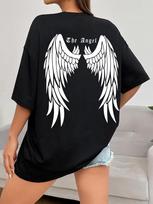 Hip Hop Dark Angel Wing Hot Sale Graphic Printed TShirts for Women Loose Oversized Clothing Street Tshirt Short Sleeves M white