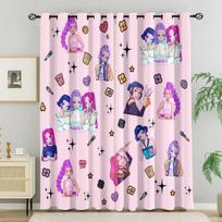 2 vnt. Hasbro Kpop Blackout užuolaidos, blokuojančios šviesą, juodos ir violetinės spalvos, su animacinių mergaičių atspaudu, su žiedeliais, langų užuolaidos miegamajam, svetainei 84X84inch  213X213cm white