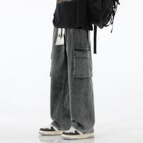 Rudens vyriški krovininiai džinsai, „Baggy American High Street Y2K“ kombinezonai su kišenėmis, madingi gatvės stiliaus vintažiniai plačių klešnių kelnės. L pilka
