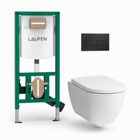 Komplektas Laufen Pro X Rimless su Laufen INEOLINK potinkiniu rėmu su bakeliu ir Laufen Ineo Horizon juodu matiniu mygtuku