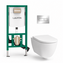 Komplektas Laufen Pro X Rimless su Laufen INEOLINK potinkiniu rėmu su bakeliu ir Laufen Ineo Horizon blizgiu chromo mygtuku