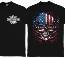 Harley-Davidson įkvėptas grafinis unisex marškinėlis su erelio ir kaukolės grafika S-3XL XXXL black