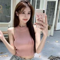 French Camisole Tank Top Women's Summer Outerwear Blazer Inner Base Layer Backless Cut-out Shoulder Halter Red Knitted Top XL rožinė
