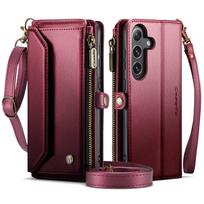 Crossbody for Samsung Galaxy S25 FE Wallet Case RFID Blocking 10 Card Holder Zipper Pocket Magnetic Flip Wristlet Shoulder Strap For Galaxy S25 FE raudona