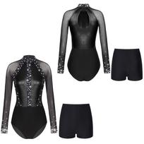 Moterims permatomas tinklinis ilgomis rankovėmis gimnastikos triko figūrinio čiuožimo kombinezonas sportinis šokio bodis S juoda
