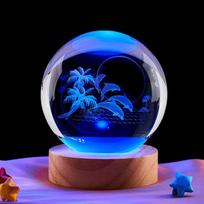 Dolphin Coconut Tree Underwater Music Box with Warm Light Laser Carved Crystal Ball Night Light No Specification blue